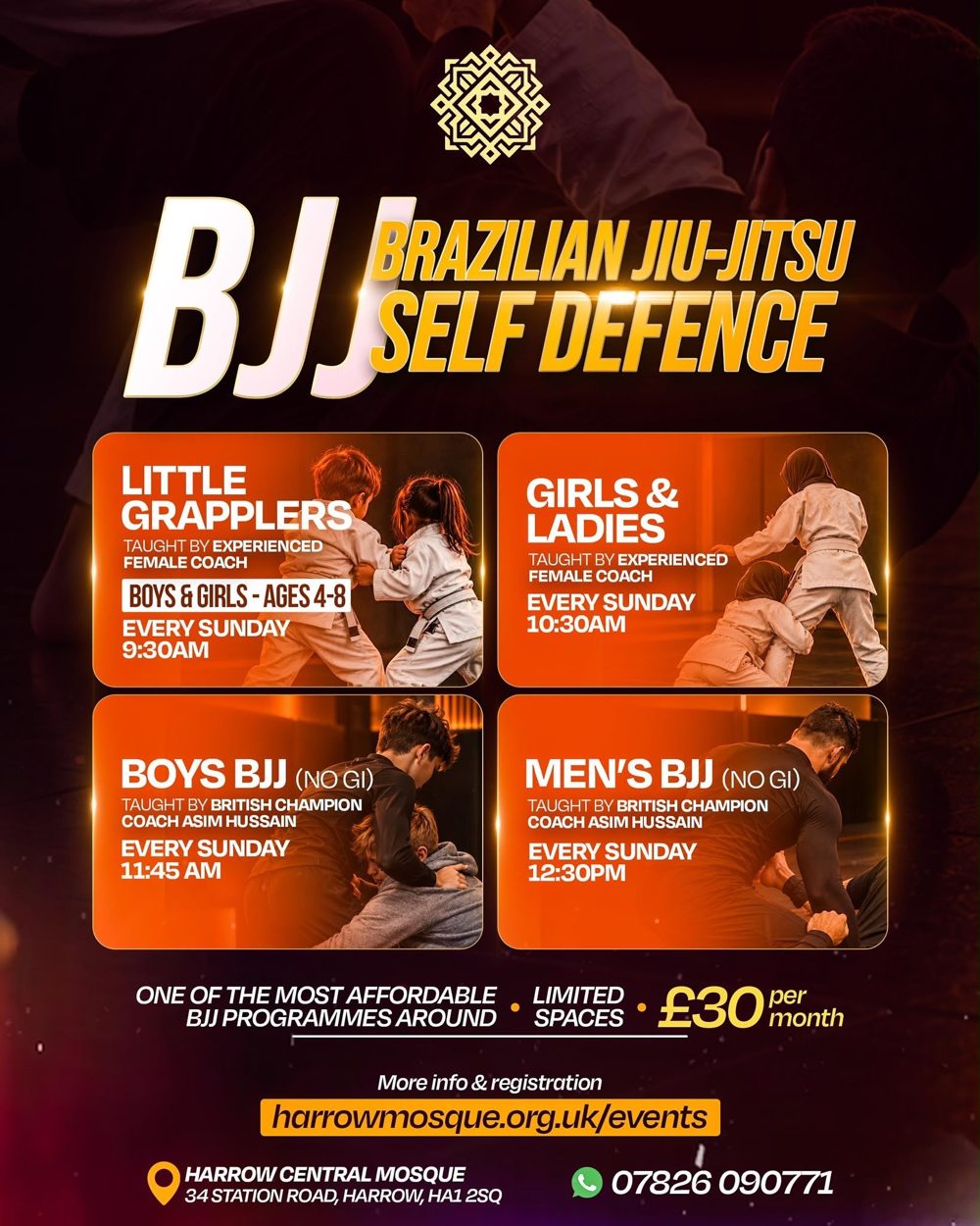Harrow BJJ poster showing all four Sunday classes
